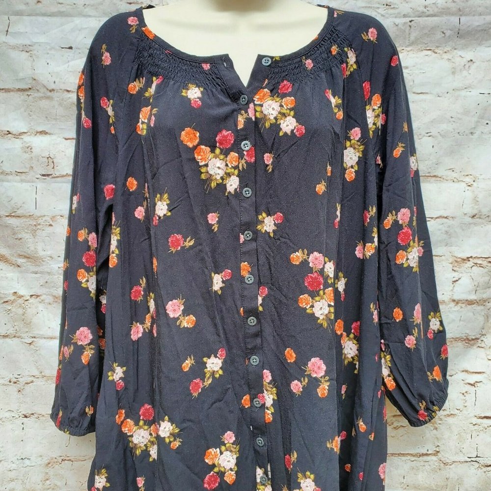J. Jill Black Floral Dress Long Sleeves Button Front Cottage Core Size Large L - Picture 3 of 7